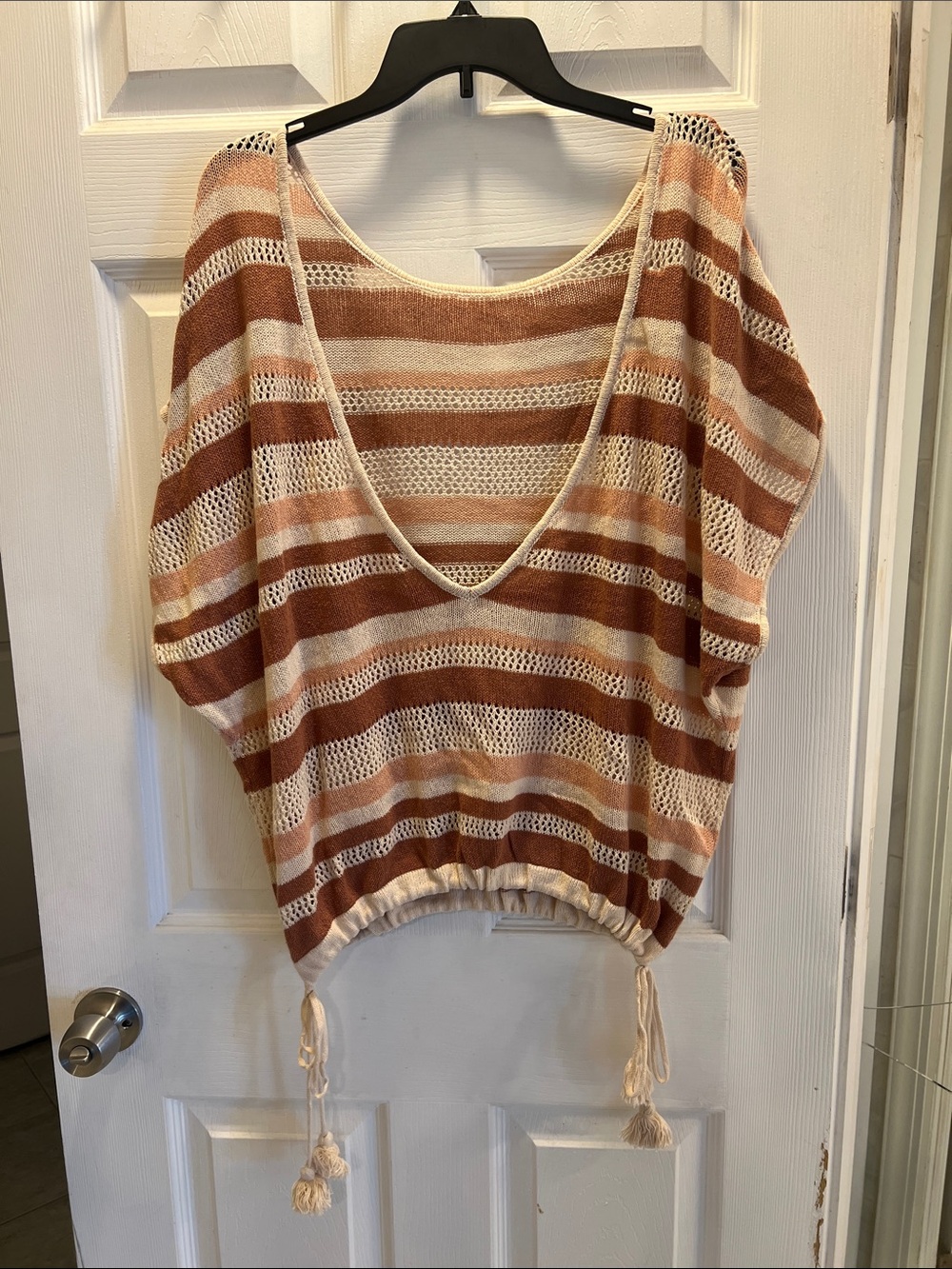 Striped V-Neck Knit Beach Top in Cream & Brown